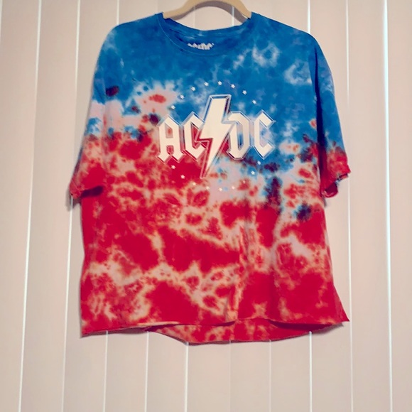 Tops | Ac Dc Tie Dye Crop Top Tshirt Size Xl Patriotic Red White And ...